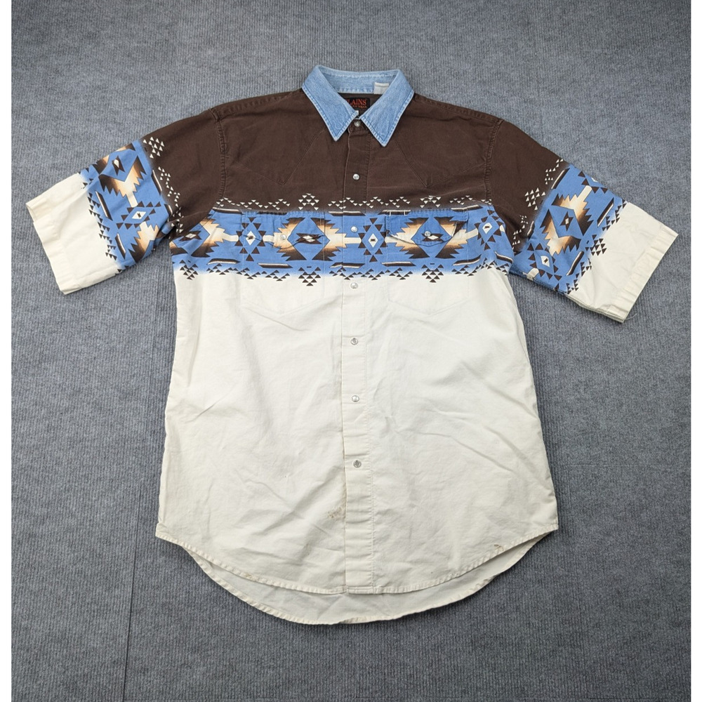 Plains Western Wear Pearl Snap Shirt Mens Large Vintage Aztec Rodeo Cowboy Denim